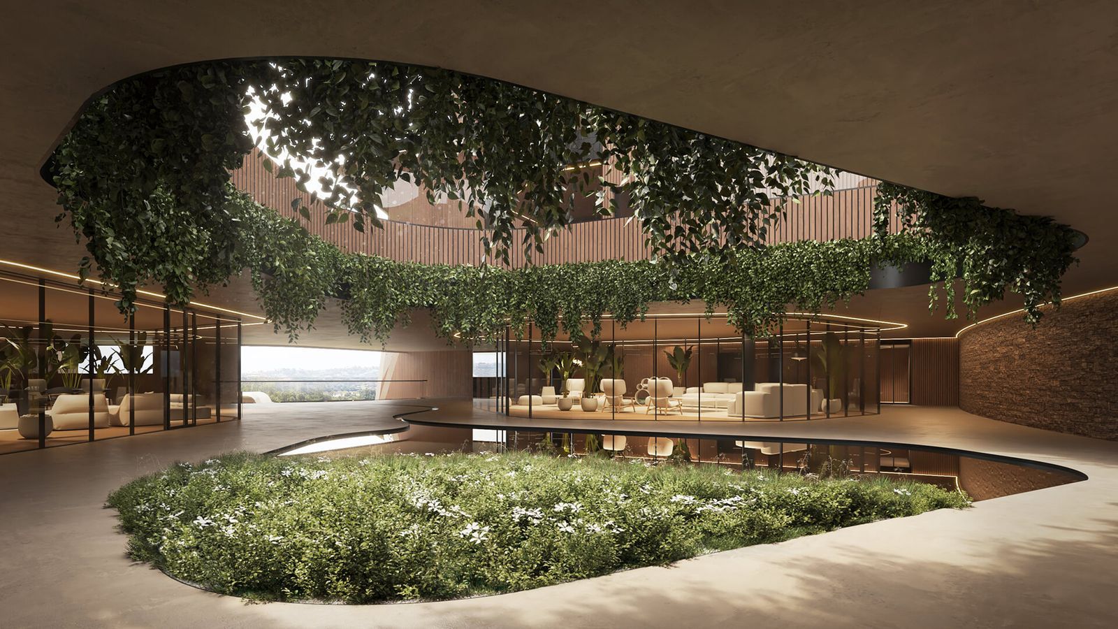 Modernes Interieur mit Innengarten und Hängepflanzen.