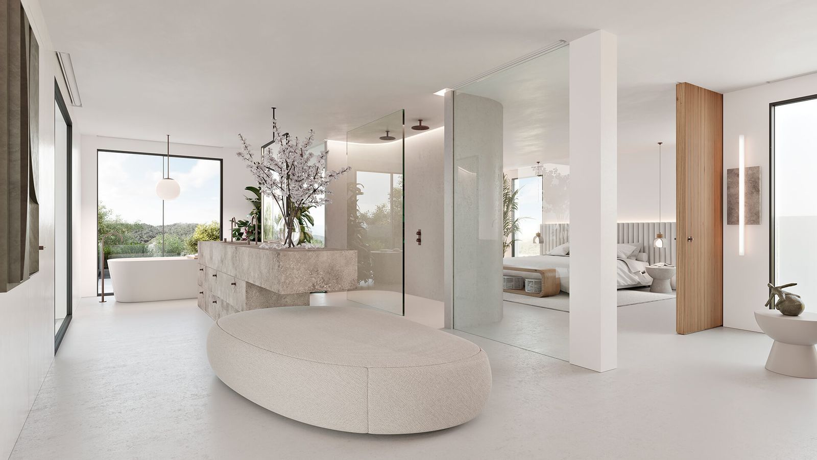 Modernes offenes Badezimmer mit Dusche, Badewanne und Schlafzimmer in einem Raum.