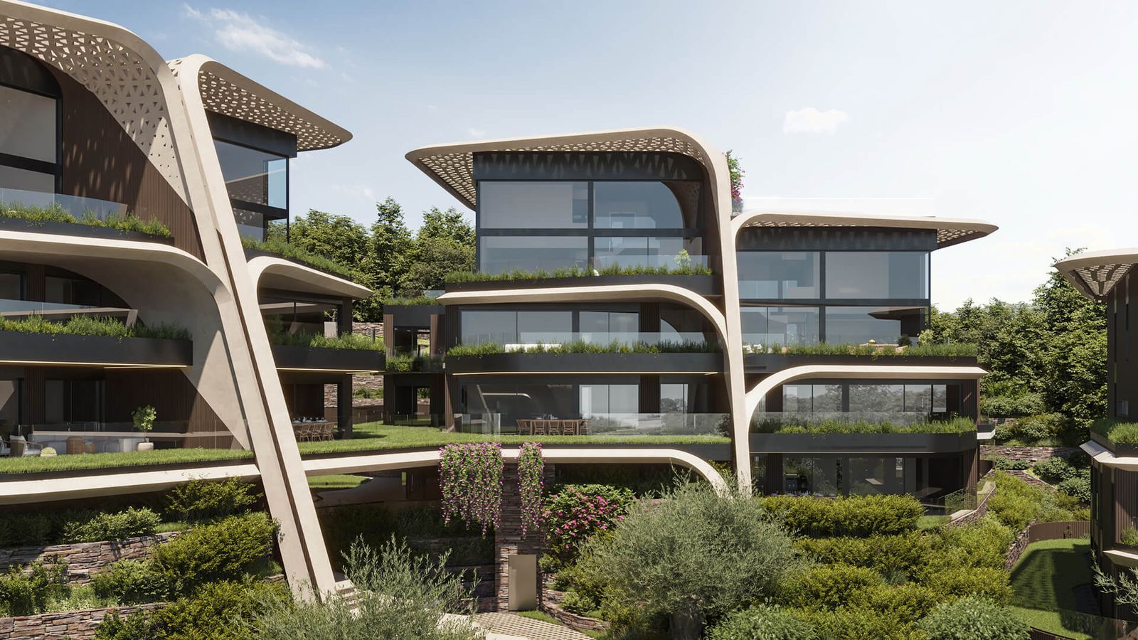 Modernes Luxus-Apartmentgebäude mit begrünten Dächern und Terrassen.